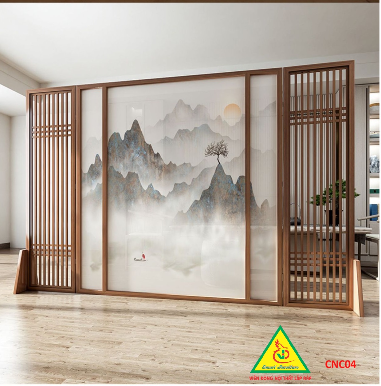 Bình phong gỗ khung tranh cắt CNC cho phòng khách, nhà bếp, nhà hàng, spa CNC04 - Nội thất lắp ráp Viendong Adv