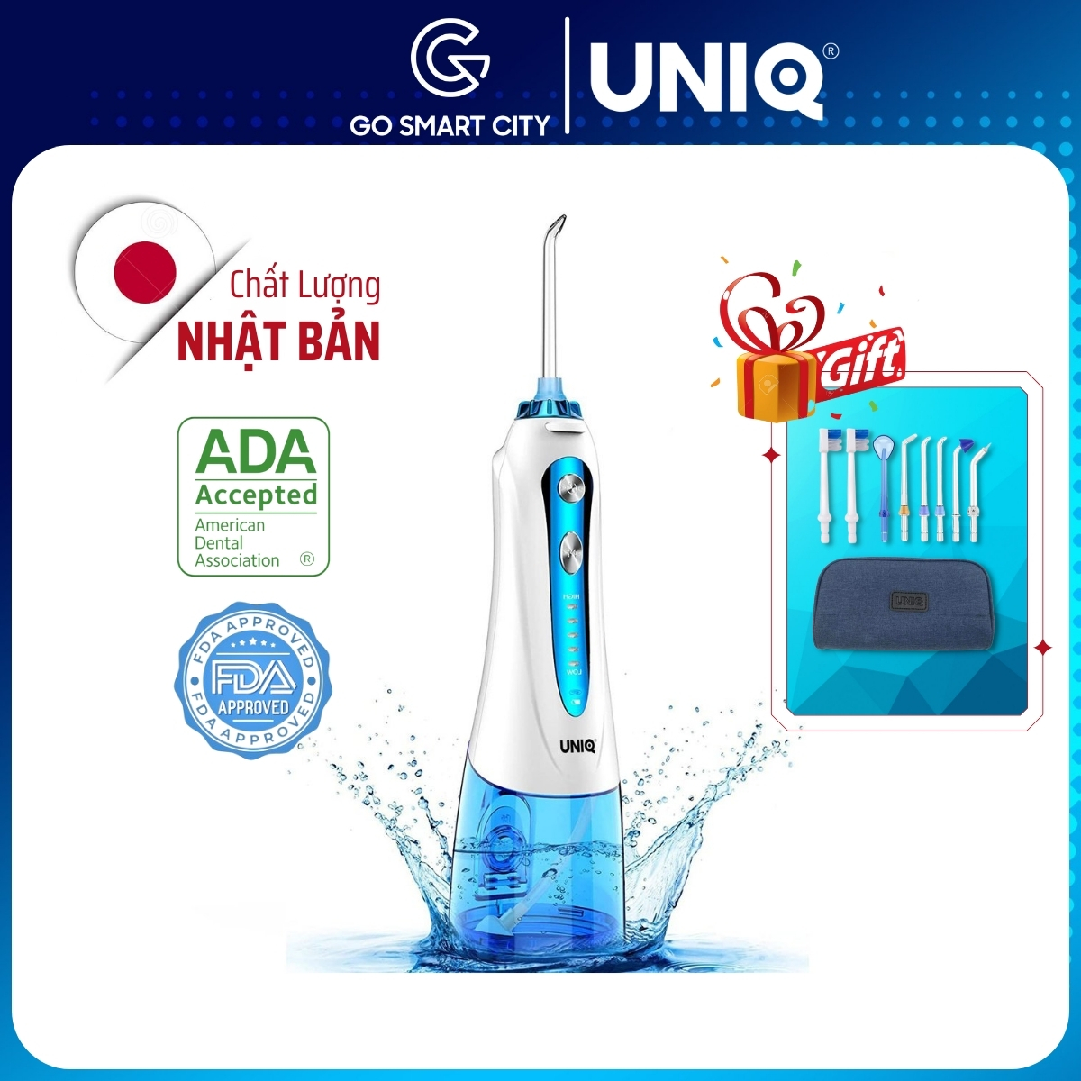 Tăm Nước Cầm Tay UNIQ Smile S1 Nhật Bản Cao Cấp Màu Trắng Xanh Máy Vệ Sinh Răng Miệng Mini Tốt May Tam Nuoc Waterpik Gia Đình Không Dây Xịt Xỉa Rửa Làm Sạch Kẽ Răng Niềng