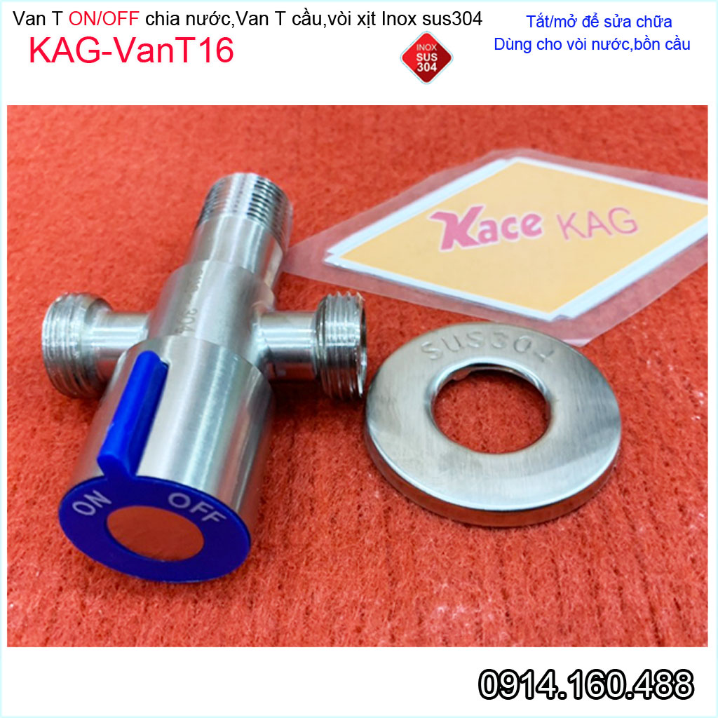Van T chia nước ON OFF inox sus304 KAG-VanT16, van khóa vòi xịt bồn cầu D21 giảm áp lực siêu bền sử dụng tốt