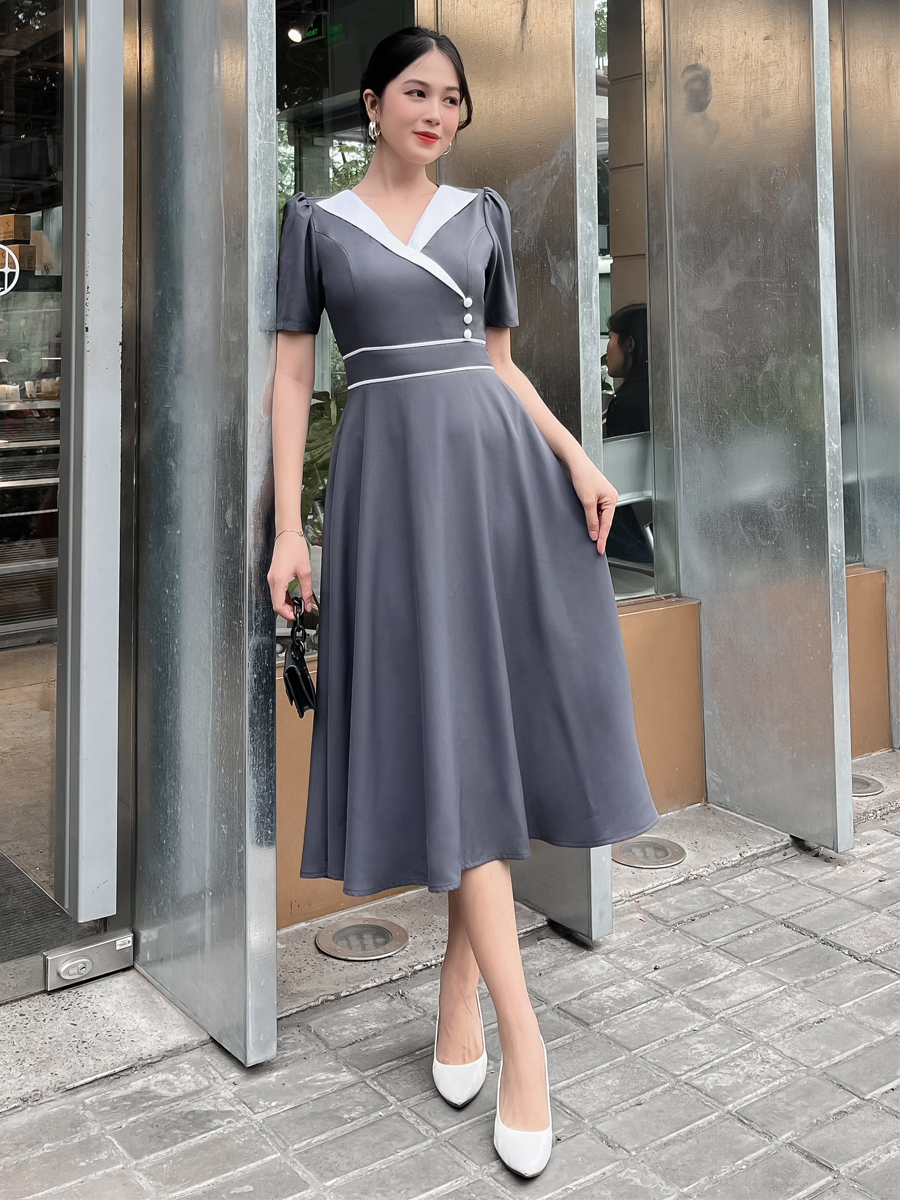 Hình ảnh [HCM] Đầm xòe cổ phối trắng thanh lịch D107 - Khánh Linh Style