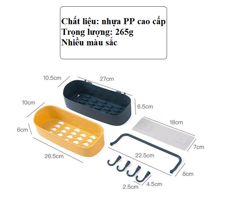 Kệ Đựng Đồ Nhà Bếp, Kệ Đựng Đồ Nhà Tắm Dán Tường, Có Móc Và Thanh Treo - Tặng Kèm 01 Móc Treo Gắn Hình Ngẫu Nhiên