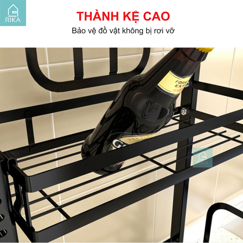 Kệ gia vị đa năng đăng thông minh nhà bếp RIKA KDN-05 thép carbon sơn đen tích điện 2 tầng 3 tầng kèm ống để giao thớt ống đũa