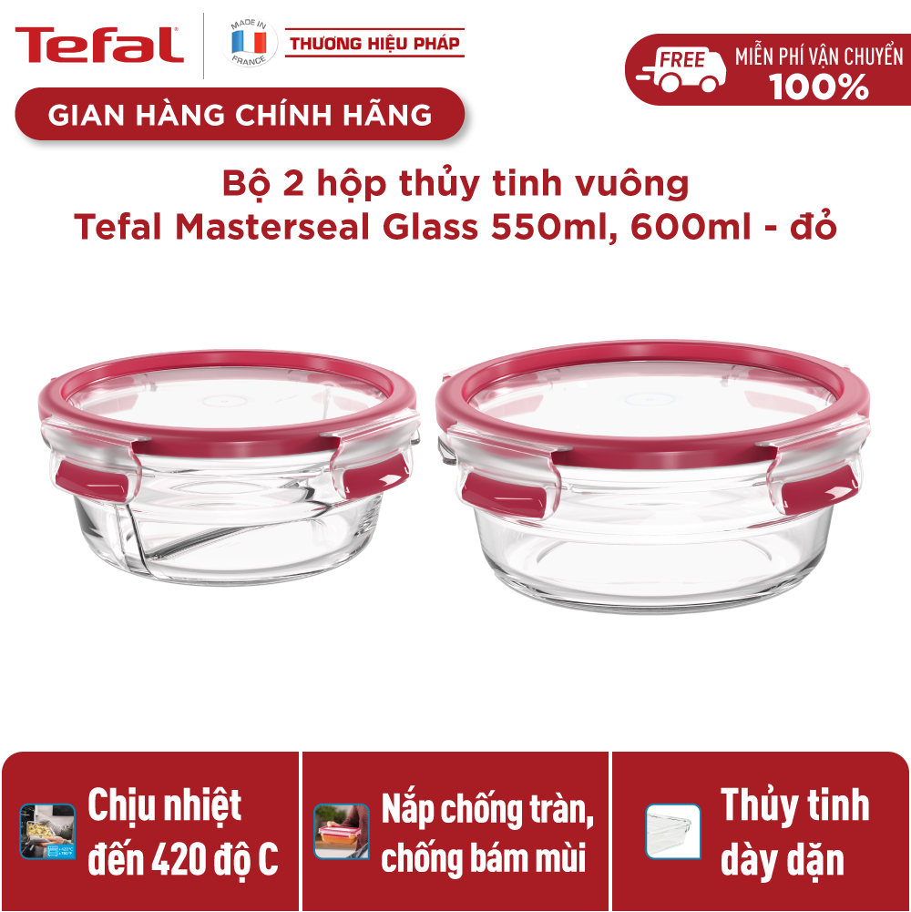 Bộ 2 hộp bảo quản thực phẩm thủy tinh Tefal Masterseal Glass (550ml, 600ml) - Hàng chính hãng