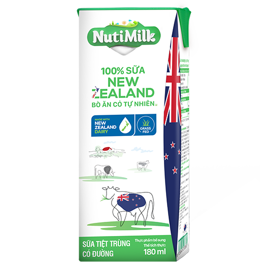 Thùng 48 Hộp NutiMilk 100% Sữa New Zealand Bò ăn cỏ tự nhiên có đường 180ml