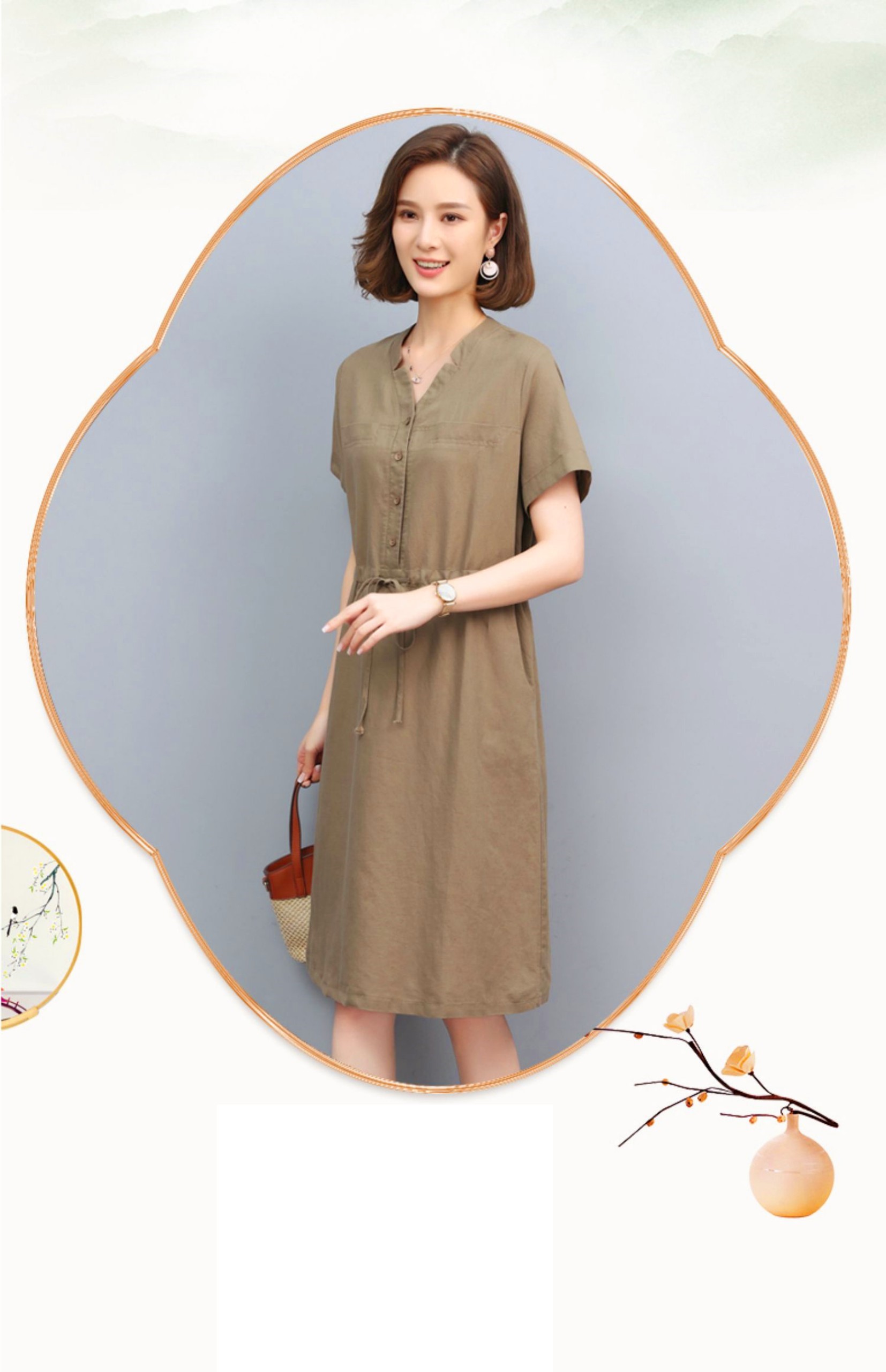 Đầm linen dáng suông cổ V 2 túi sườn, Đầm form rộng phong cách công sở Đũi Việt