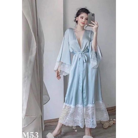 Set áo choàng + váy ngủ lụa dáng dài quá gối sang trọng tặng kèm chip ren gợi cảm