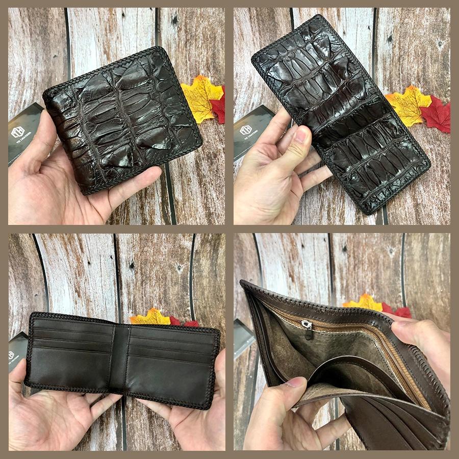 Bóp Nam Da Cá Sấu Thật Đan Viền Thủ Công Kiểu Dáng Ngang