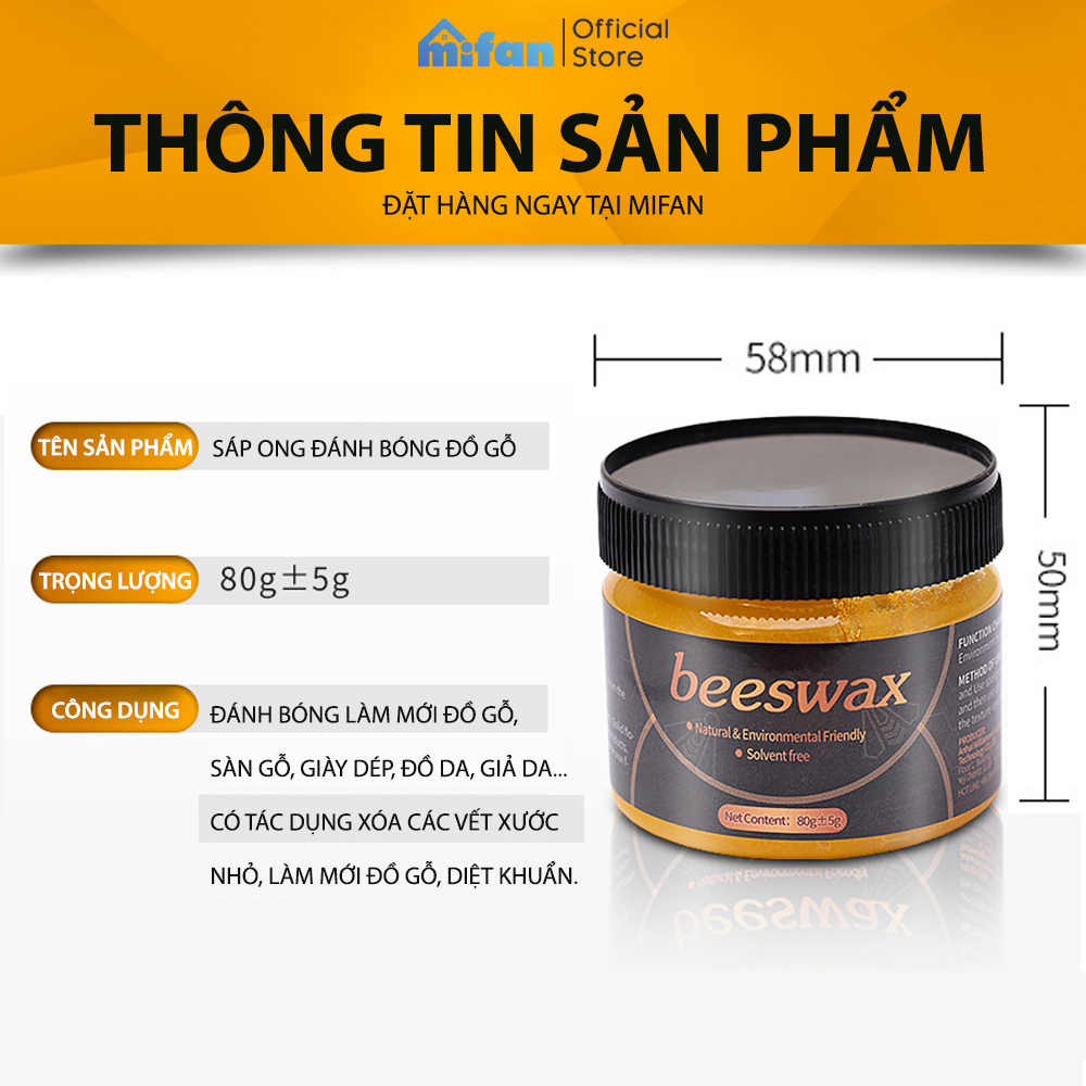 Sáp Ong Đánh Bóng Đồ Gỗ, Sàn Gỗ Mifan Beeswax 80gr - Làm mới, Phục hồi màu gỗ, vết xước bàn ghế, tủ, cửa gỗ - Hàng chính hãng