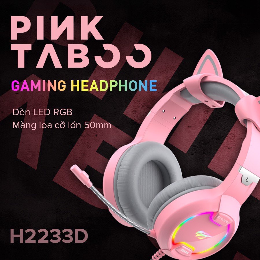 Tai Nghe Gaming Mèo HAVIT H2233D, Màu Pink Taboo, Driver 50mm, Đèn RGB, Mic Khử Ồn - Hàng Chính Hãng