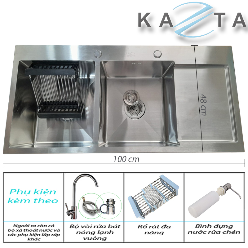 Combo Chậu Rửa Chén Bát Tiện Lợi KAZTA KZ-CB10048A Inox Gồm: Chậu Rửa Chén, Vòi Rửa Chén Nóng Lạnh Inox Và Nhiều Phụ Kiện Đi Kèm