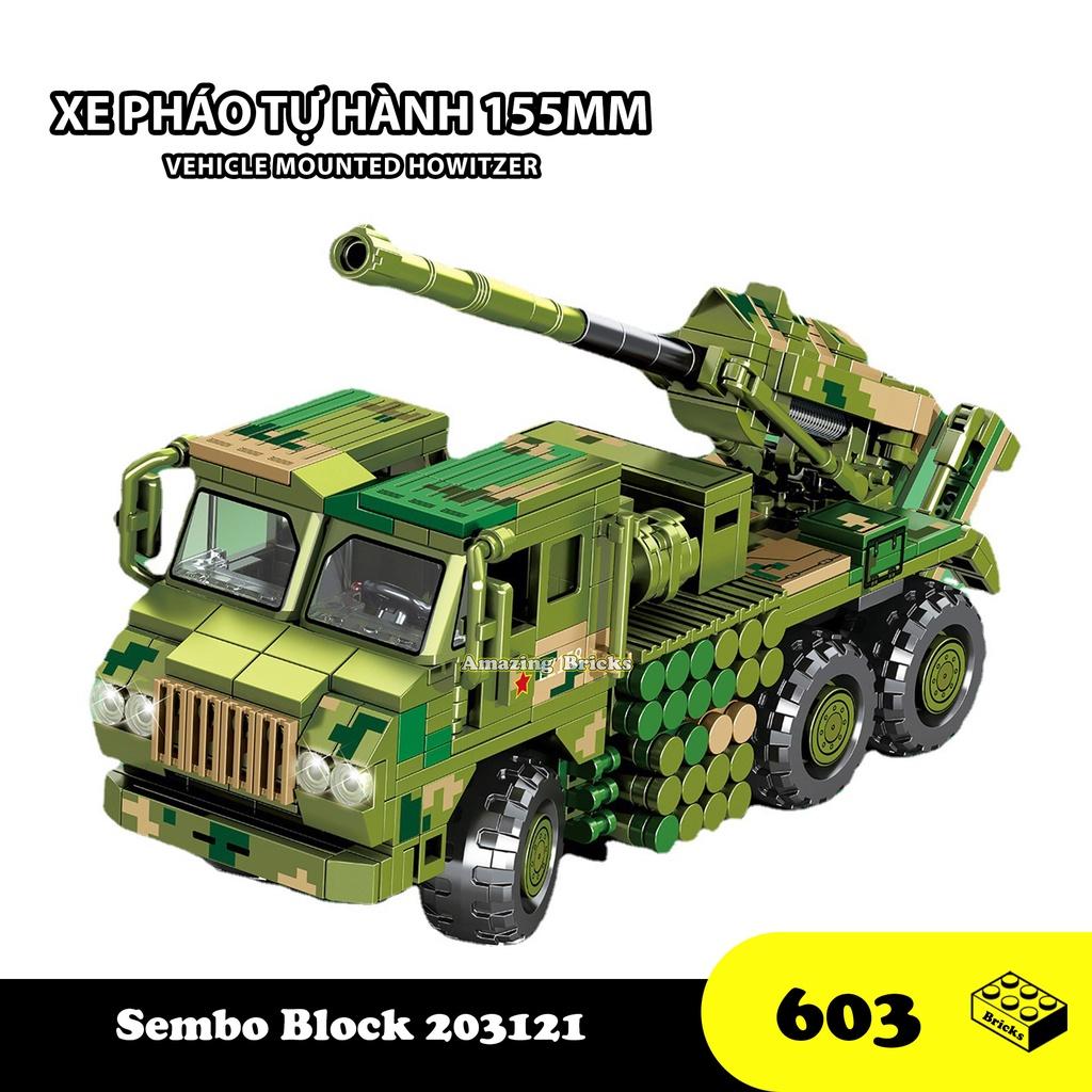 Đồ chơi Lắp ráp Xe Rocket Tự hành 155MM, Sembo Block 203121 Mounted Howitzer, Xếp hình thông minh, Mô hình quân sự