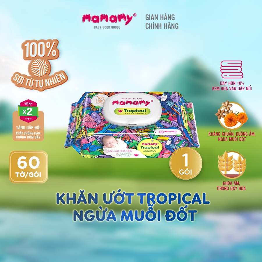 Khăn ướt Mamamy Tropical Premium tinh dầu cúc vạn thọ/ không mùi, có nắp 60 tờ