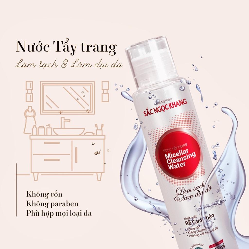 Combo dưỡng da giảm nám: Nước tẩy trang 145ml + Sữa rửa mặt 100g + Nước hoa hồng 145ml + Kem chống nắng 50g + Kem dưỡng da ban đêm 10g + Vi tảo lục 60 viên (Sắc Ngọc Khang)