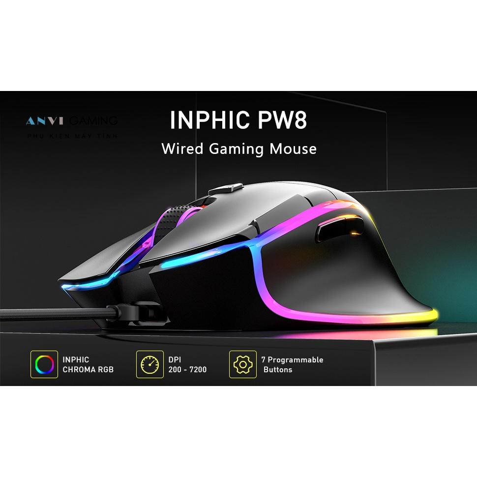 Chuột chơi game có dây INPHIC PW8 - 7 Nút Marcro - Đèn Nền LED RGB rực rỡ - 7200 DPI Hàng Nhập Khẩu