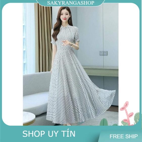 ĐẦM MAXI BI CỔ TRỤ XẾP LI