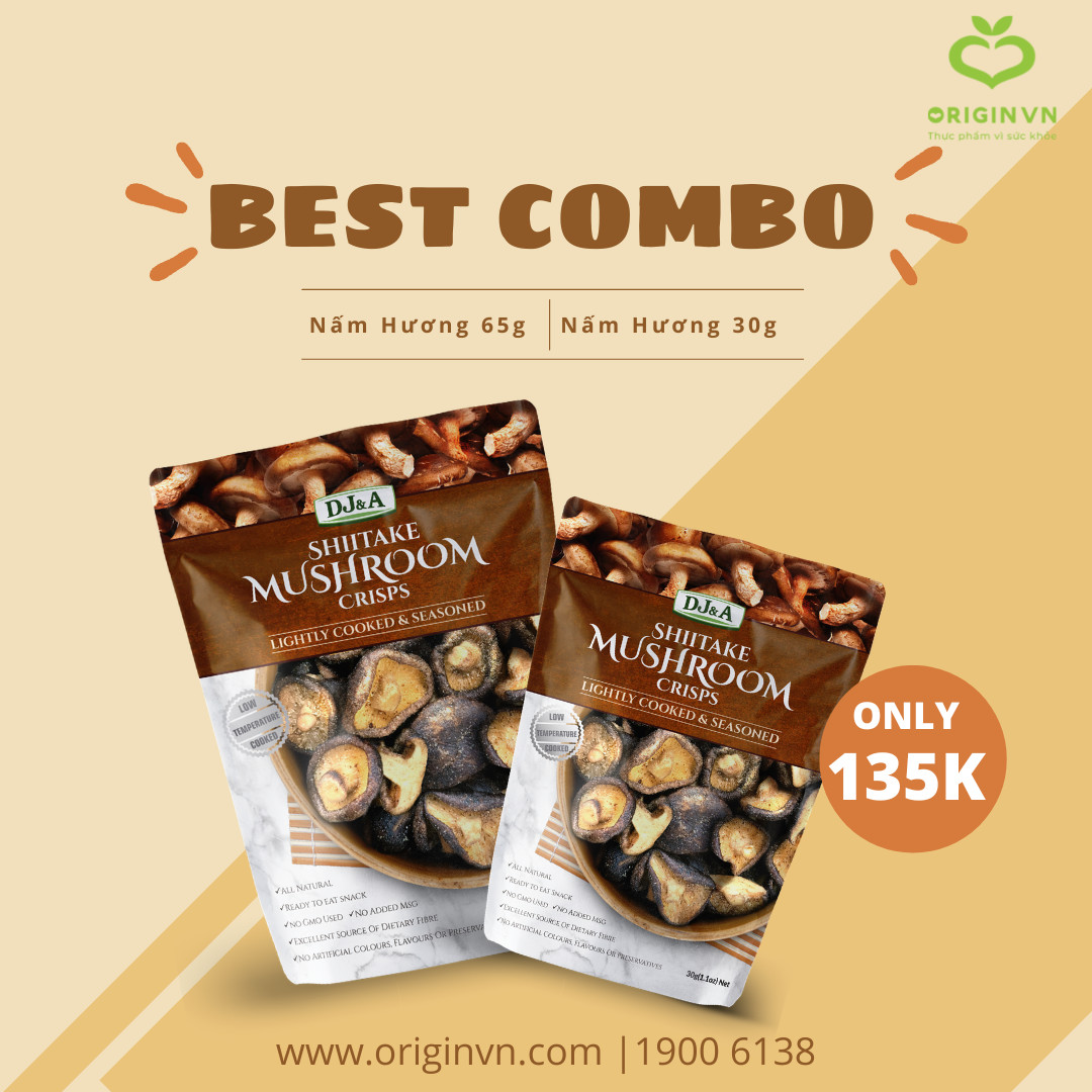 [Combo 2 gói] Nấm hương sấy giòn DJ&amp;A Úc 65g - 30g - Tốt cho sức khỏe - ăn vặt văn phòng