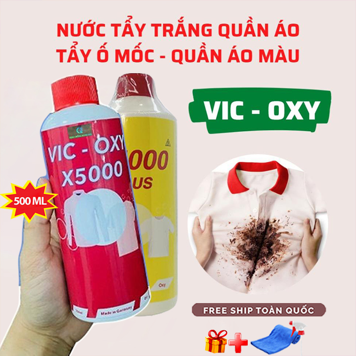 [Tặng Vòi Xịt] Nước Tẩy Quần Áo VIC OXY X5000 Tẩy Mốc, Ố Vàng, Lem Màu 500ml Tẩy Trắng Đánh Bay Mọi Vết Bẩn