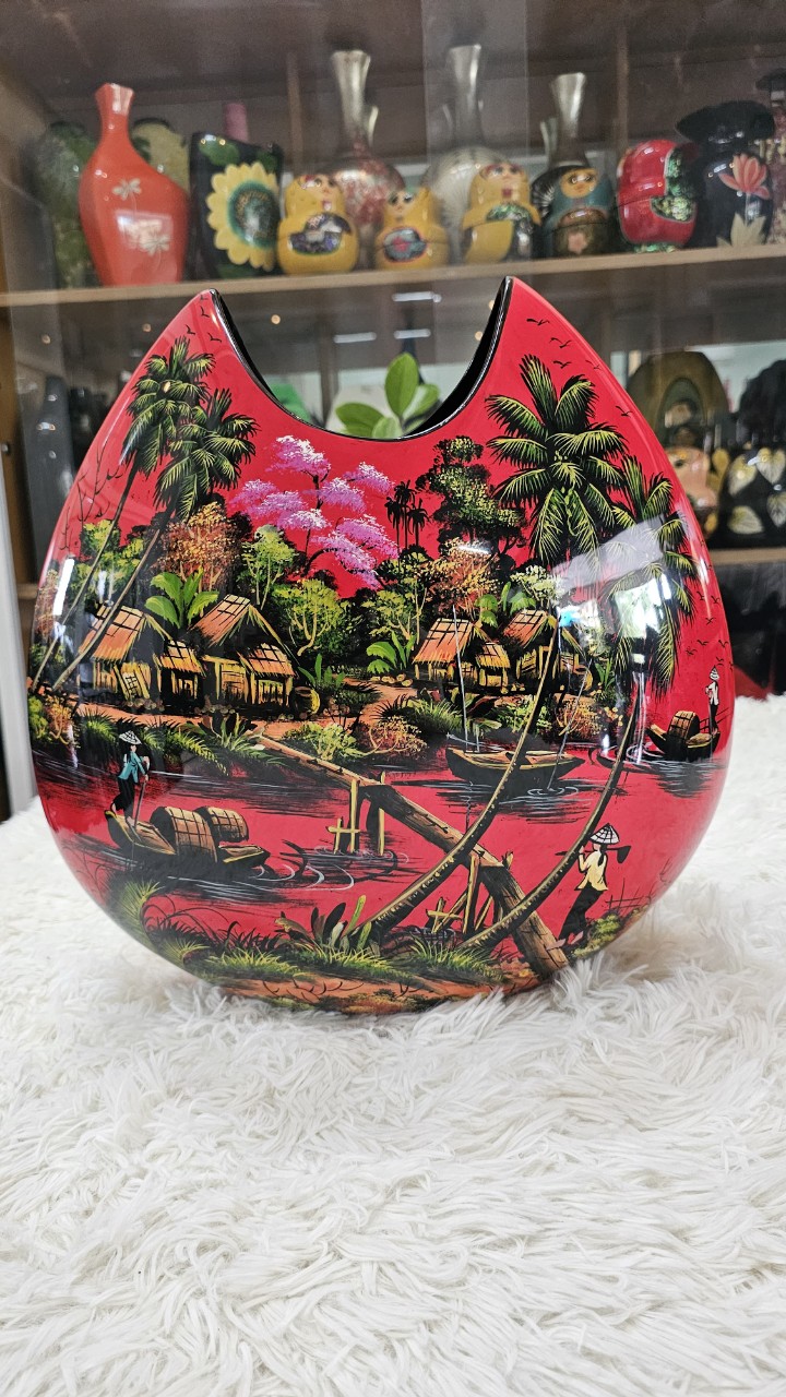 Bình sơn mài bánh tiêu cao cấp size 37x36x14 cm thích hợp cắm hoa, trang trí, làm quà tặng,....