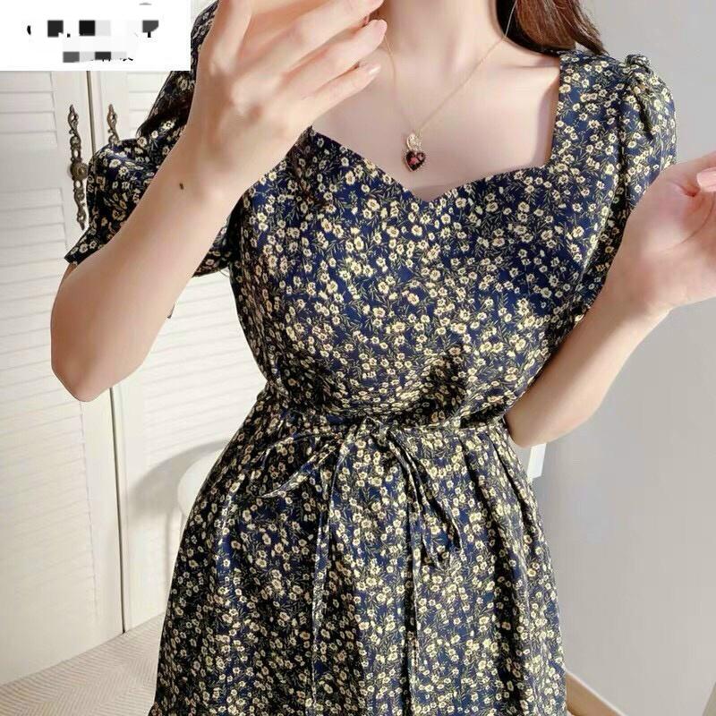 Đầm xoè lụa hoa tay phồng bèo lai kèm dây cột nơ eo