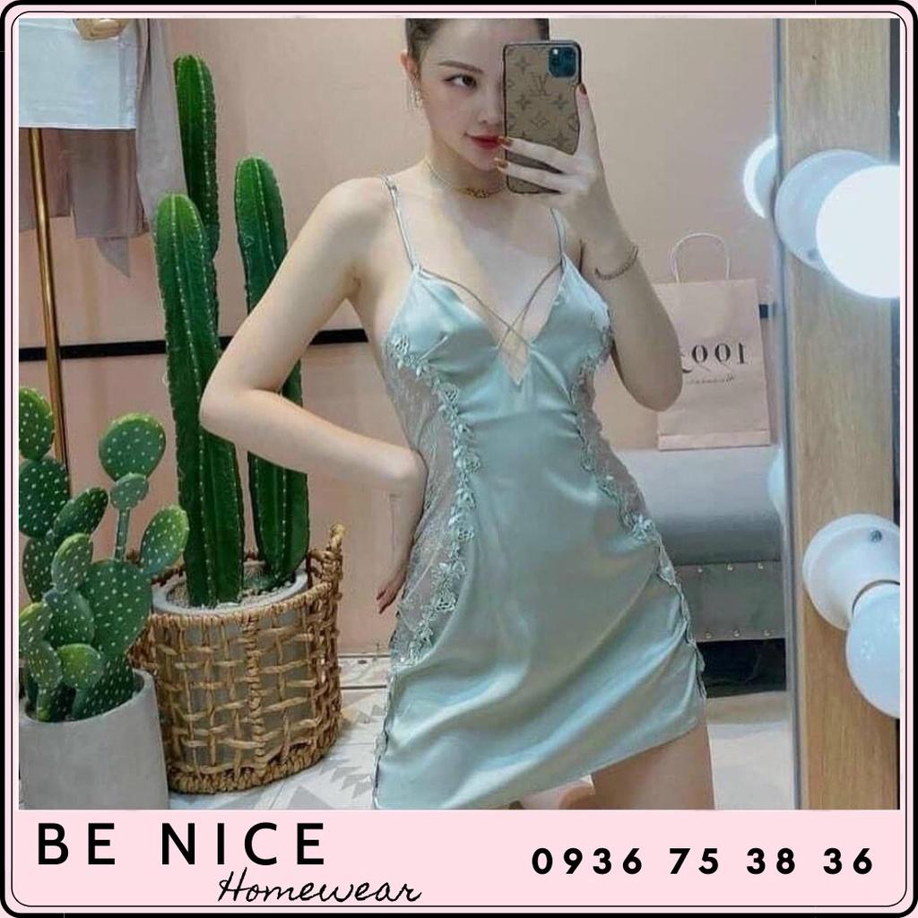 Váy lụa sexy phối ren hông hàng QC cao cấp, Be Nice Homewear