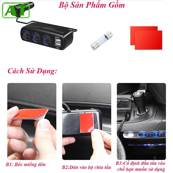 Bộ Chia Tẩu Sạc Ô Tô ,Xe Hơi 3 Tẩu - 2 Usb QC 3.0 Công Suất 120W Kết Hợp Led