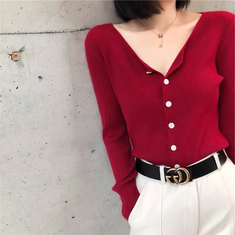 MS493 Áo len tăm nữ cổ tim cài cúc Quảng Châu