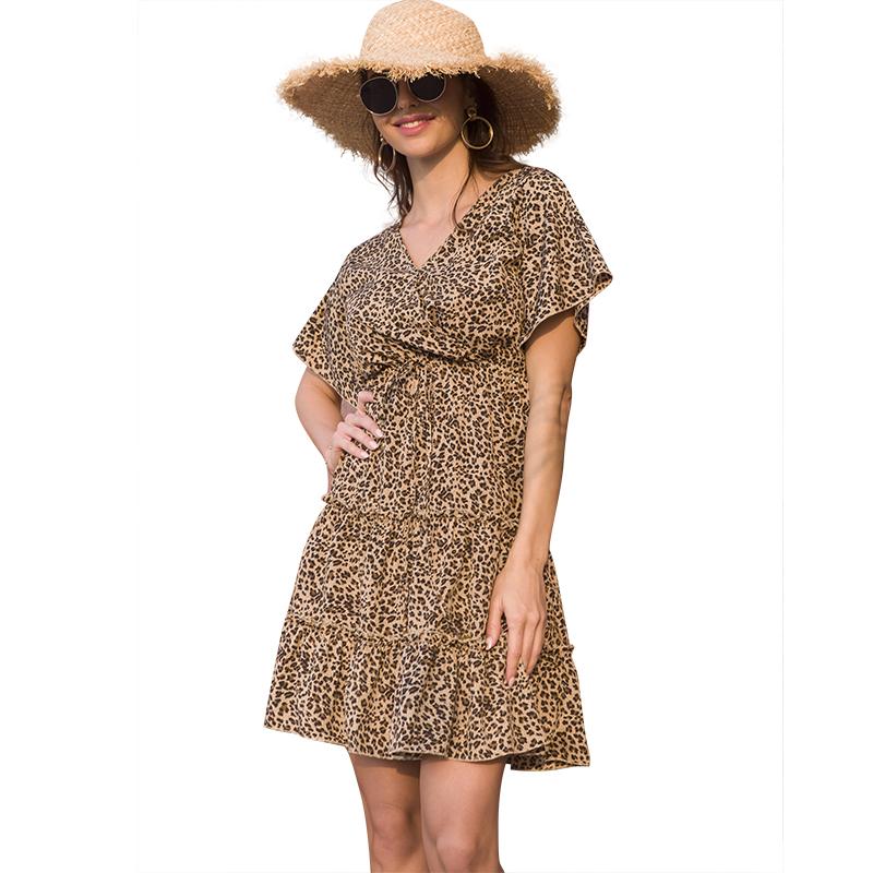 Women Mini Dress A-Line High Waist V Neck Belled Short Sleeves Ruffles Dot/Floral/Leopard Printed Holiday Beach Sundress