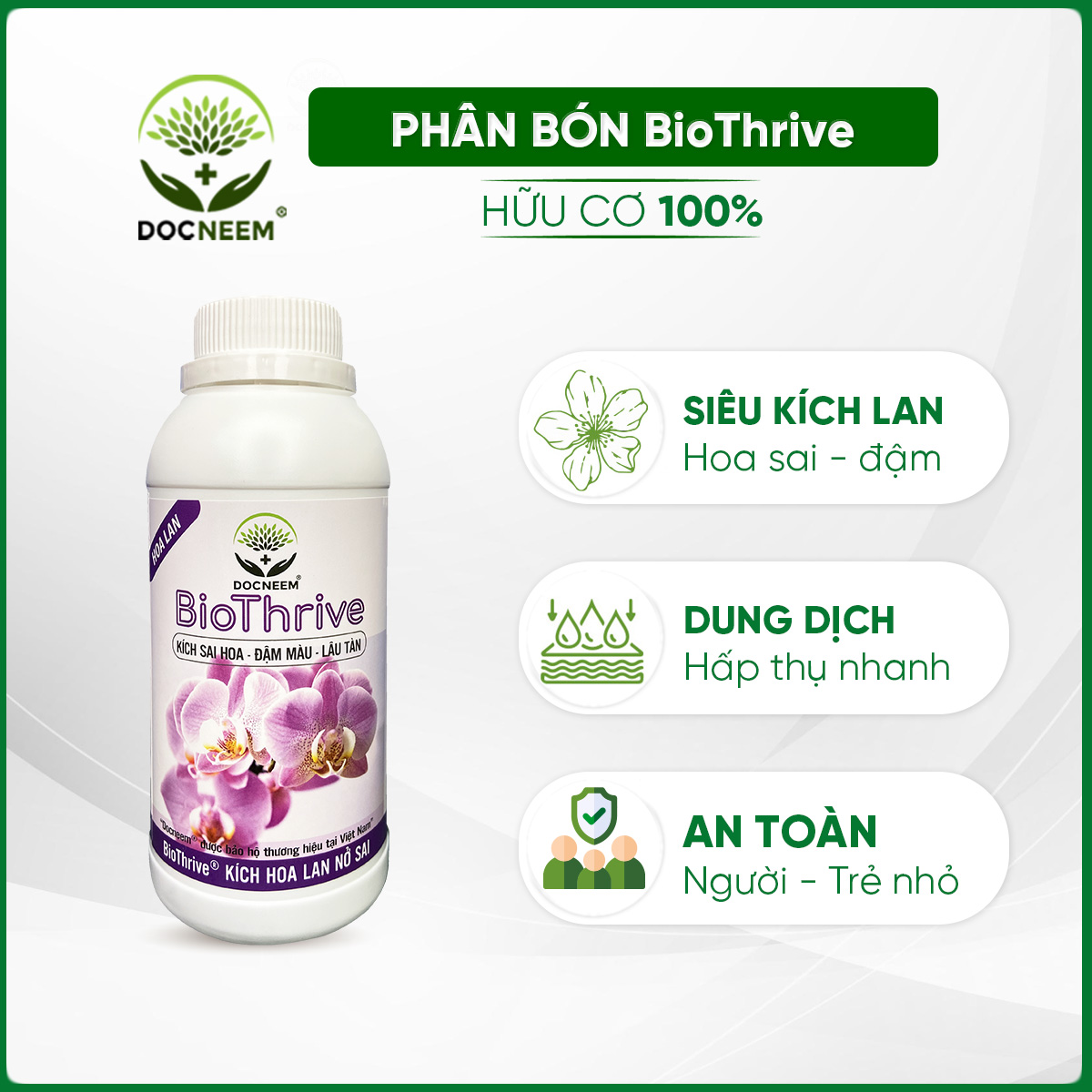 Phân bón kích hoa chuyên biệt cho hoa lan BIOTHRIVE giúp phong lan nở sai hoa hơn, lâu tàn, chuẩn form và đậm màu, hàng chính hãng thương hiệu Docneem