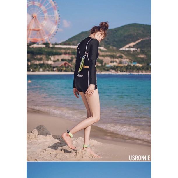 Bikini, đồ bơi tay dài quần short đen viền trắng cá tính