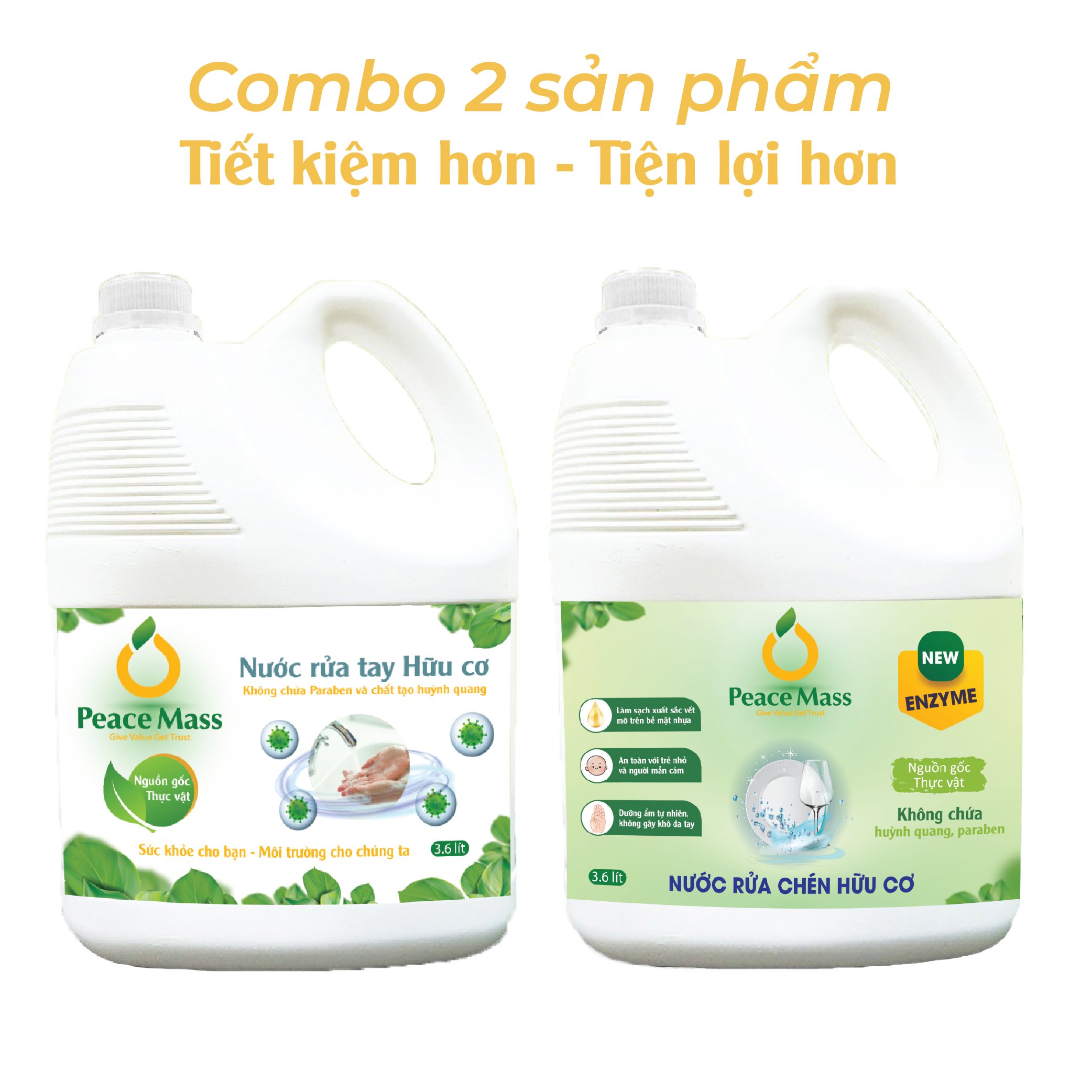 Hình ảnh Combo Sản Phẩm Gốc Thực vật NRTB1 Peace Mass - Nước Rửa Tay 3.6 lít + Nước Rửa Chén 3.6 lít (Thuộc nhóm Sản phẩm Lành tính / Hữu cơ)