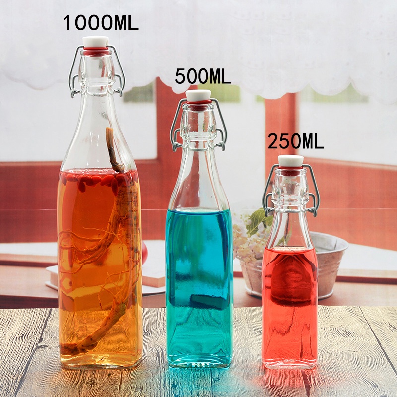 Chai Thuỷ Tinh Tròn Đựng Mật Ong, Rượu, Detox, Đồ Uống 500ml ~ 1000ml Nắp Cài Kín Hơi