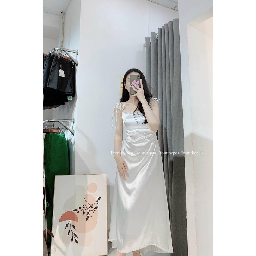 Đầm midi trắng 2 dây cột vai khoét eo dự tiệc váy ôm body tôn dáng váy cưới cô dâu