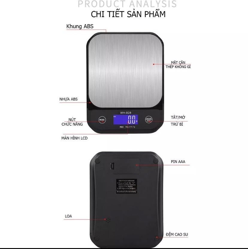 Cân tiểu li điện tử 5kg 10kg WH-B28, Cân thực phẩm nhà bếp chống nước [ CÂN HOÀNG- MINH PHÁT