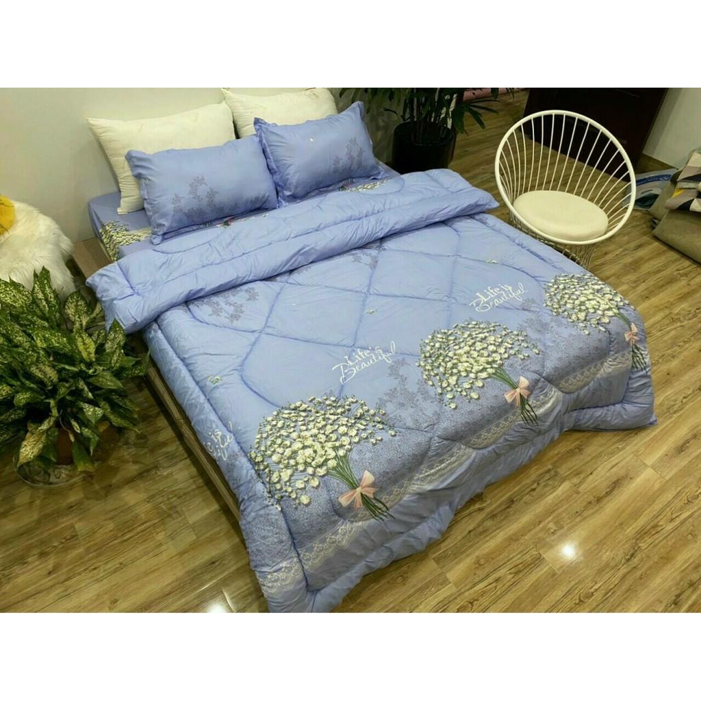Trọn bộ 5 món chăn phao ga gối cotton poly nhập khẩu Hàn Quốc size giường 1m8*2m