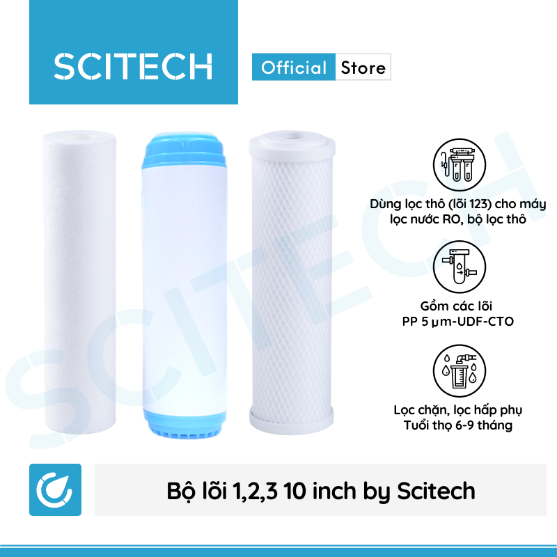 Bộ lõi số 1,2,3 10 inch by Scitech (Lõi PP-UDF-CTO) - Dùng cho máy lọc nước RO, bộ lọc thô - Hàng chính hãng