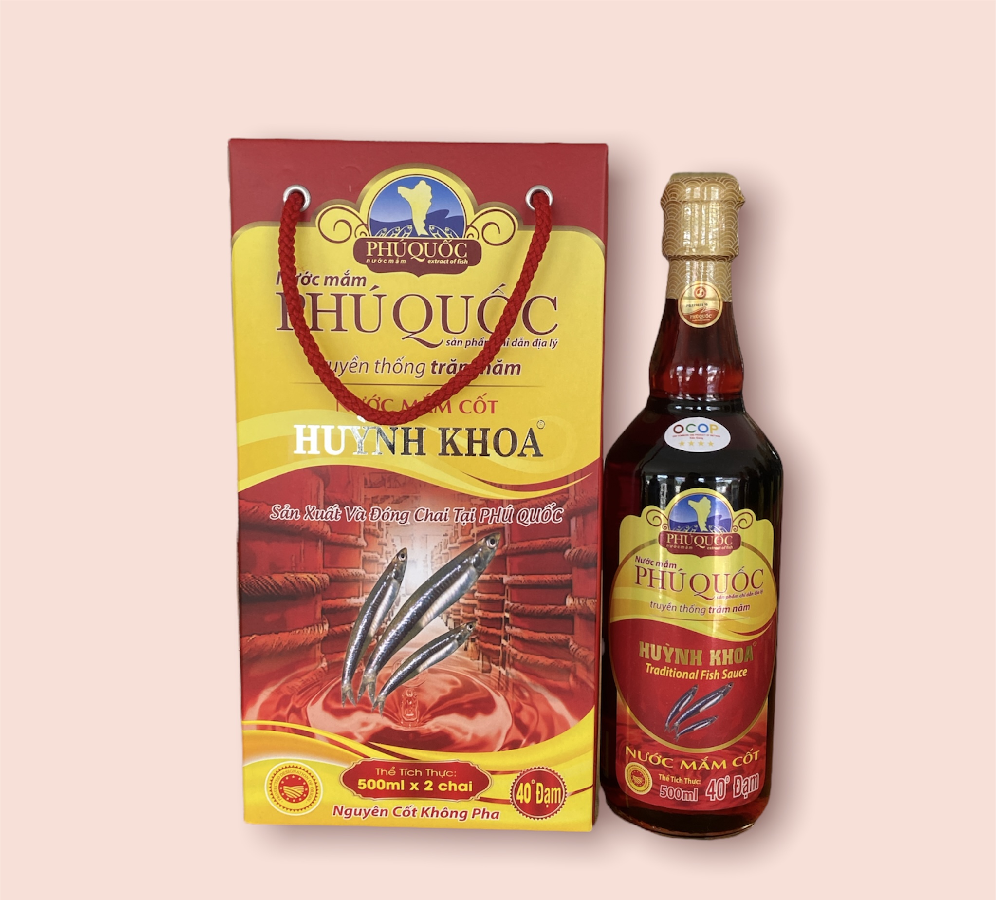 Đặc Sản Kiên Giang - Nước mắm truyền thống Phú Quốc - Huỳnh Khoa 40 độ đạm (Cặp 2 chai 520ml)