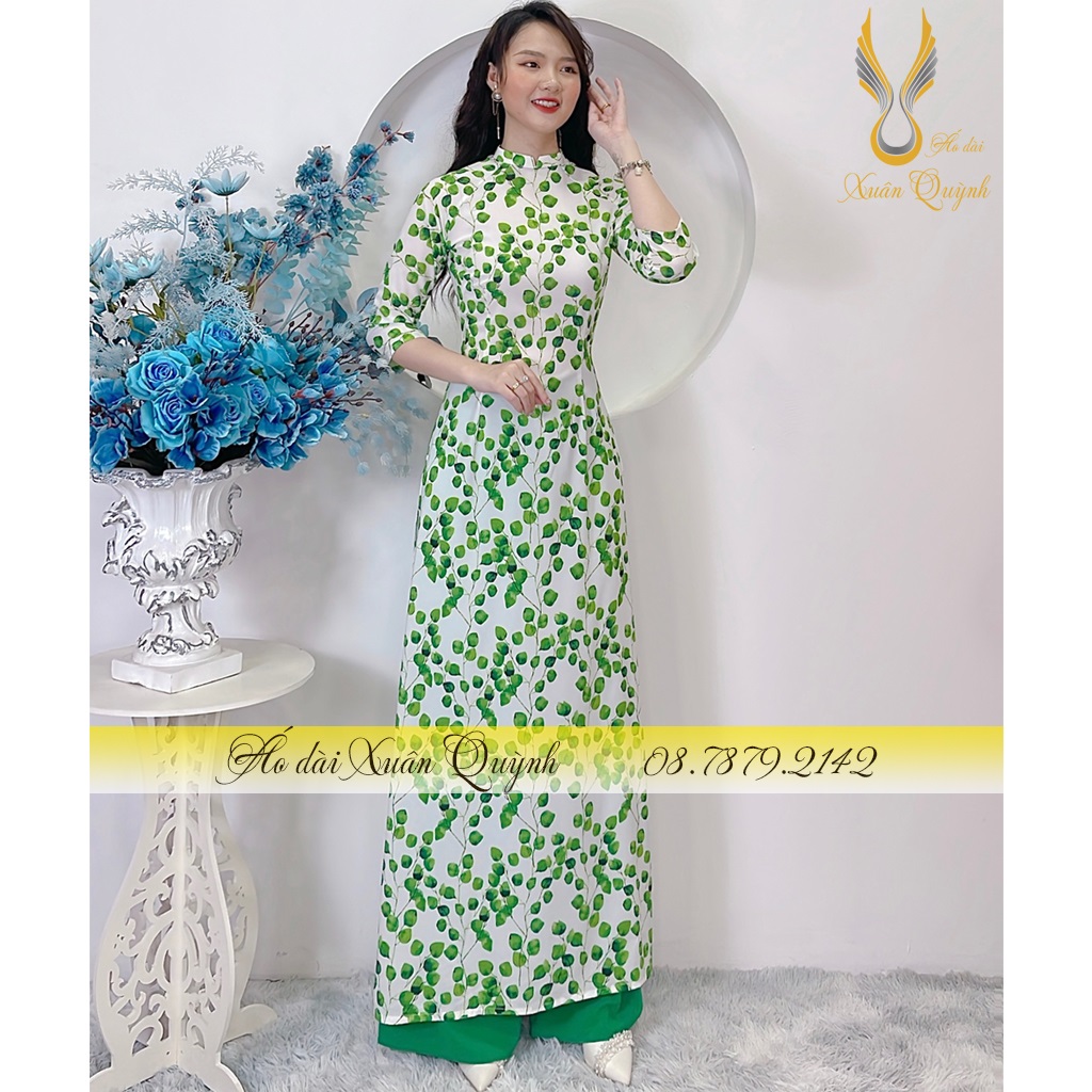 Áo Dài Truyền Thống Hoa Nhí Xanh Duyên Dáng, Thanh Lịch Lụa Habutai Cao Cấp K63