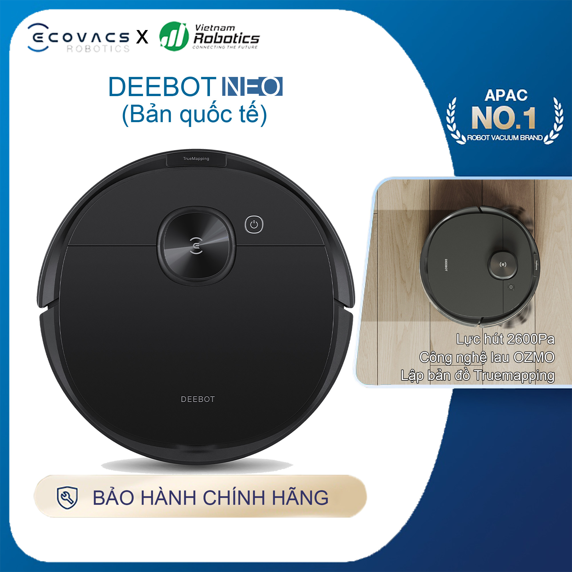 Robot hút bụi lau nhà Ecovacs Deebot NEO - Đen bản quốc tế - App Tiếng Việt, Hàng chính hãng full VAT, lực hút 2600Pa