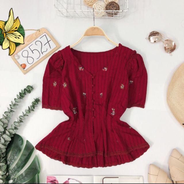 ÁO NÚT BỌC THÊU HOA NHÚN EO - ÁO KIỂU PEPLUM XẾP LY