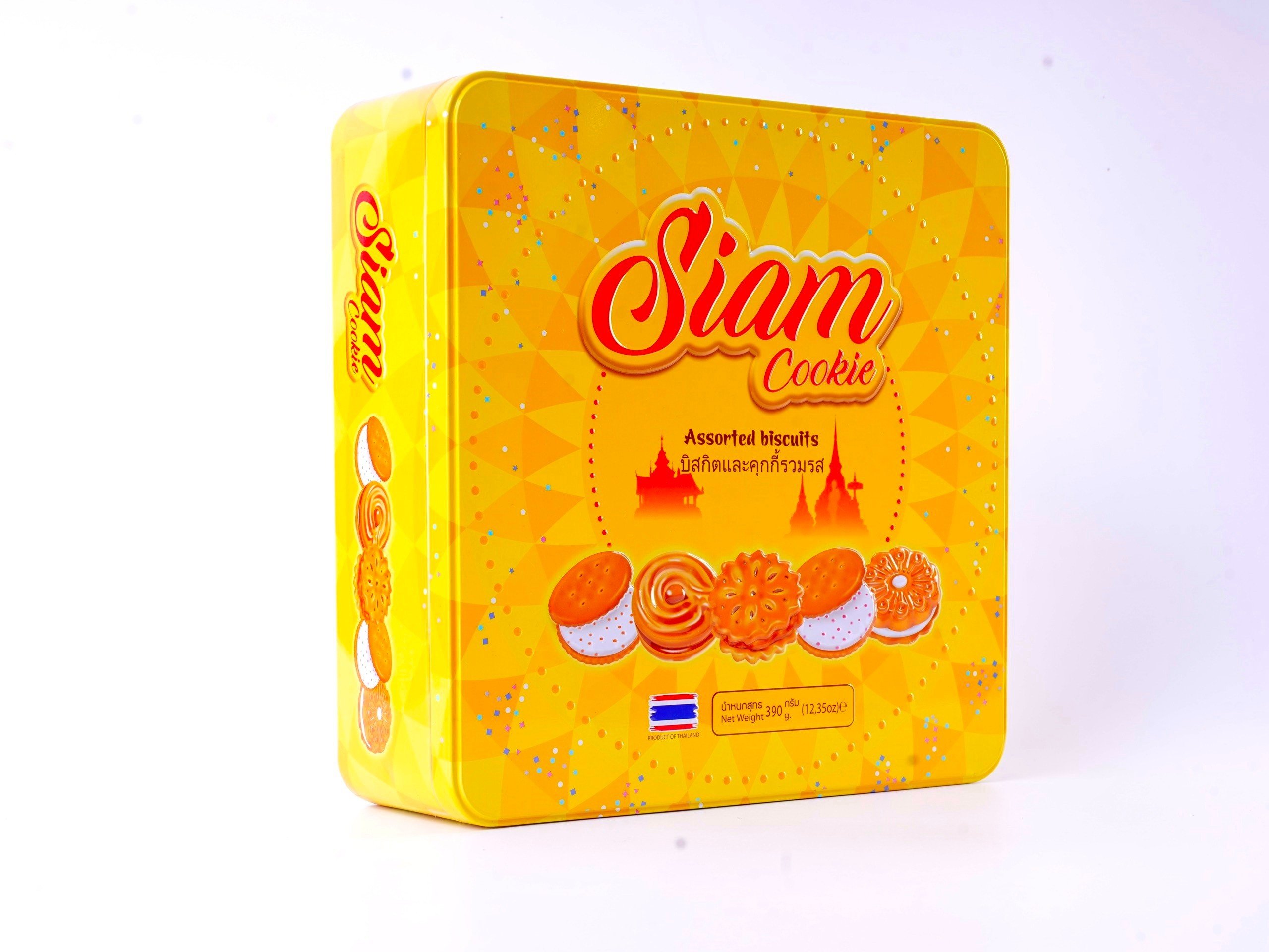 Bánh quy Siam mix các vị 390g hộp sắt vuông - màu vàng