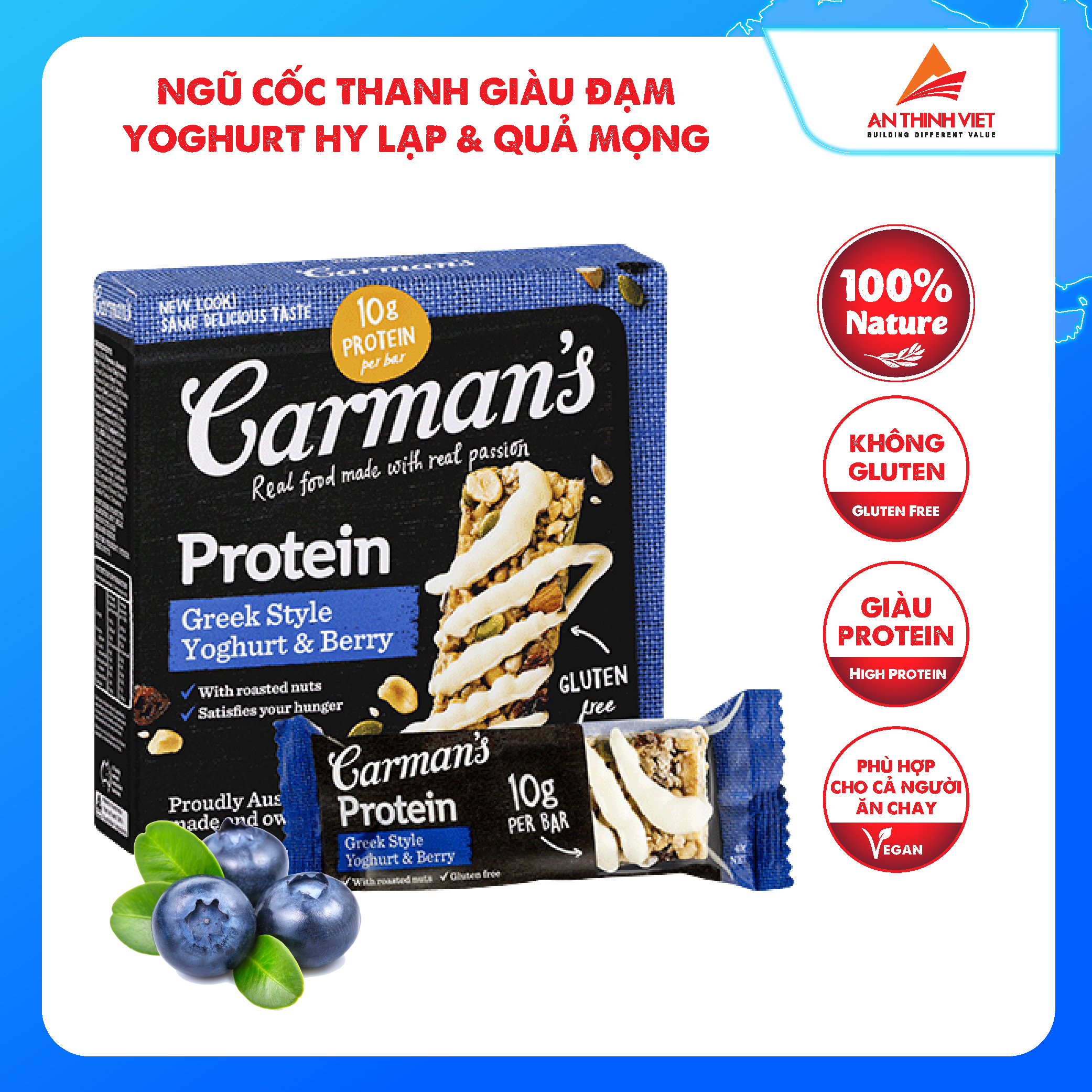 Thanh Giàu Đạm Carman's Protein Bar Greekstyle Yoghurt, Berry - Sữa Chua Hy Lạp, Quả Mọng - 200g