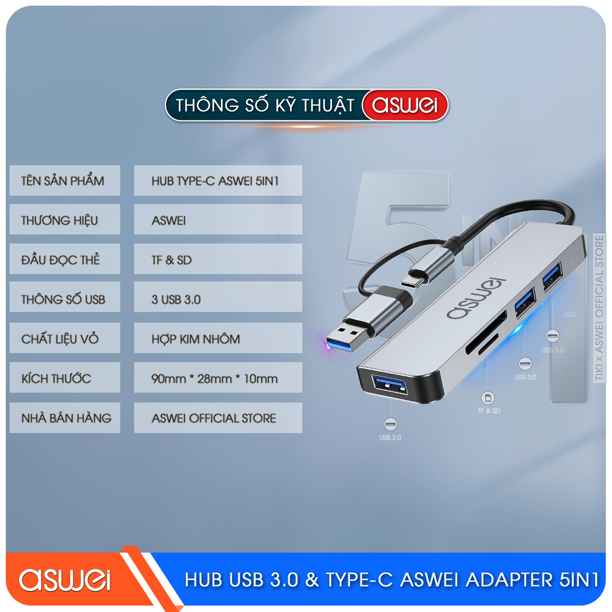 Hub Type C Và Hub USB ASWEI 5 in 1 To USB 3.0, SD, TF - Hàng Chính Hãng