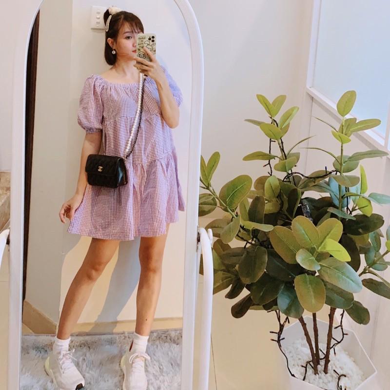 Đầm babydoll caro tím siêu dễ thương