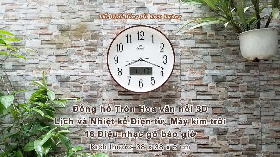 Đồng hồ Treo tường EASTAR Kim Trôi có NHẠC GÕ Báo Giờ, Lịch Vạn Niên và Nhiệt Kế Điện tử - Tặng 4 Pin Maxell