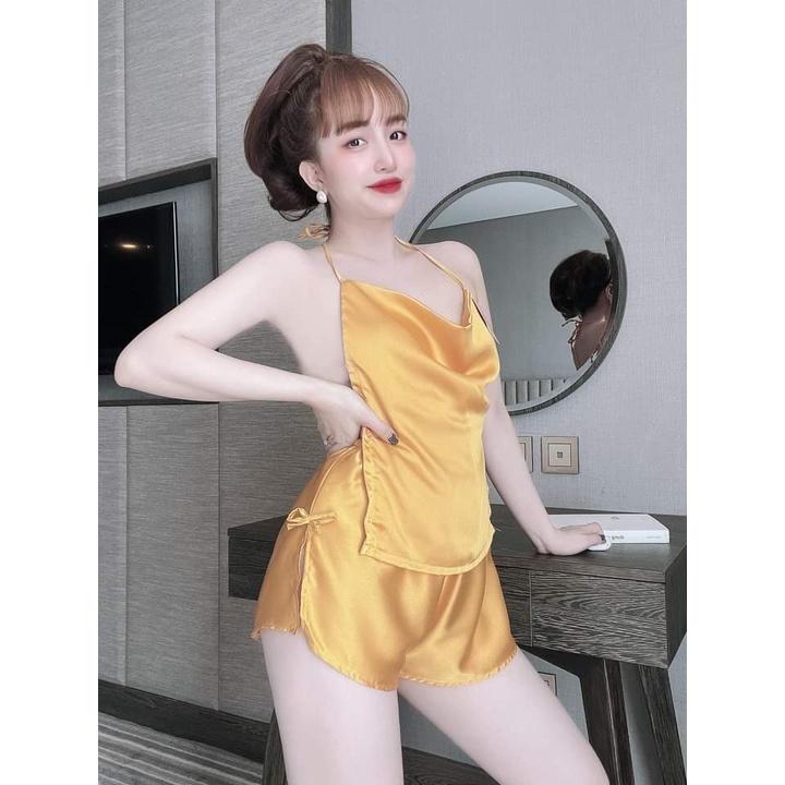Đồ ngủ sexy nữ, sét yếm nữ mùa hè gợi cảm chất satin mềm mịn