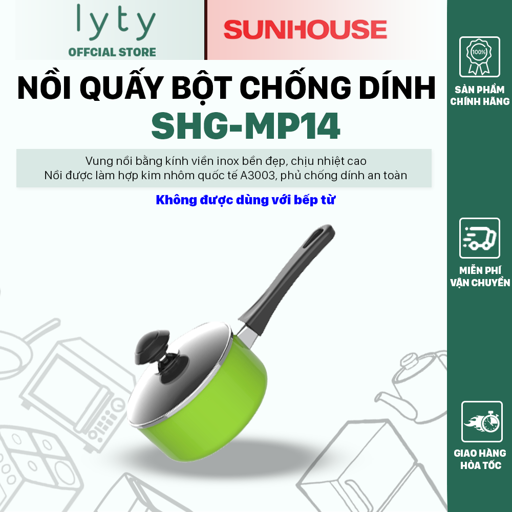 Nồi Quấy Bột Chống Dính Sunhouse SHG-MP14 Màu Xanh - Kích thước 14 cm, Không dùng được cho bếp từ, truyền nhiệt nhanh, giữ nhiệt tốt