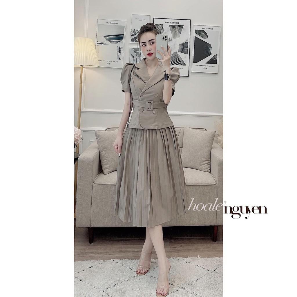 SET ÁO VEST NGẮN TAY KÈM ĐAI MIX CHÂN VÁY XẾP LY CHẤT QUẢNG CHÂU CAO CẤP SIÊU XINH