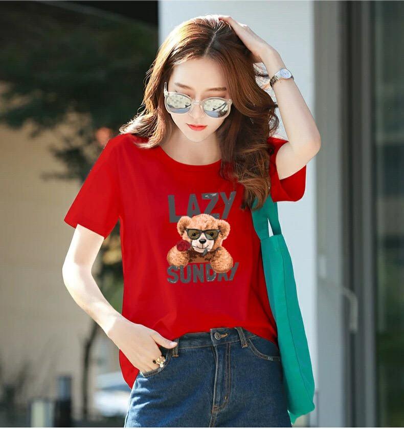 Áo thun nữ cổ tròn form rộng in hình gấu dễ thương thun cotton 4 chiều từ 45-60kg