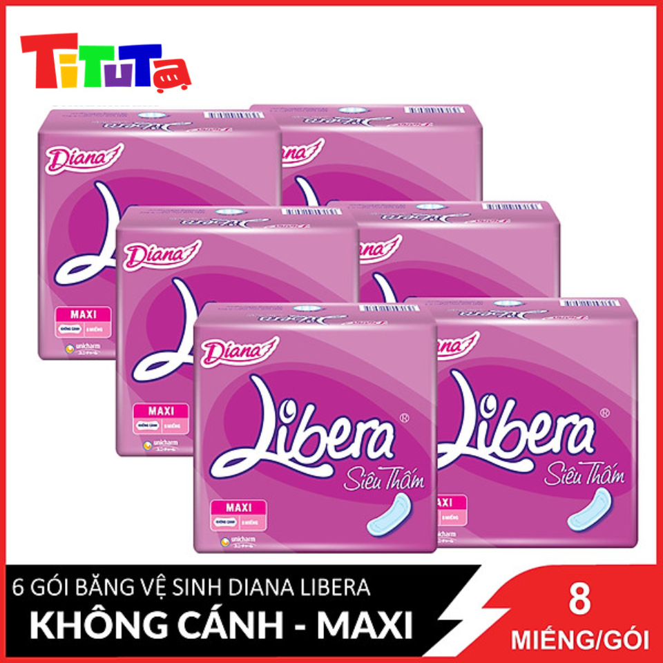 Combo 6 Băng Vệ Sinh Diana Libera Siêu Thấm Maxi Không Cánh 23cm 8 Miếng / Gói x6