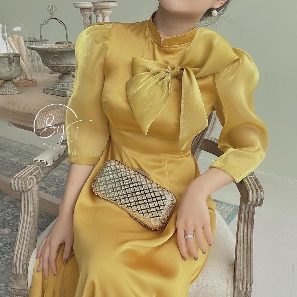Áo Dài, Áo Cách Tân Đính Nơ Cổ Kết Hợp Tvai Bồng Thiết Kế Đơn Giản Mã A28